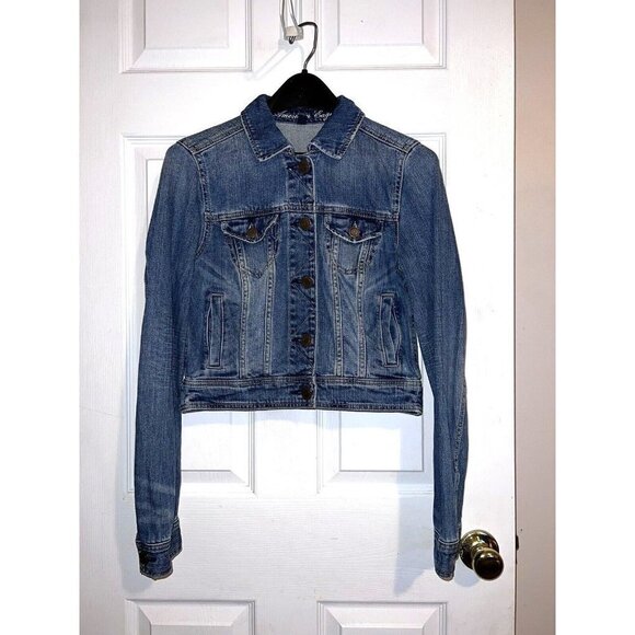 AMERICAN EAGLE Womens Medium Wash Stretch Denim Cropped Jean Jacket - Picture 1 of 9
